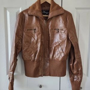 Marezzi Womens Jacket Size XL Cognac Brown Full Zip Faux Leather Bomber
